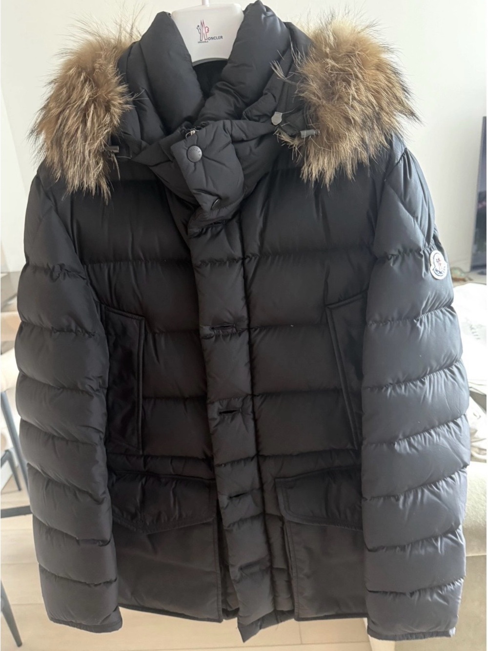 Moncler Black Quilted Down Puffer with Fur-Trim Hood